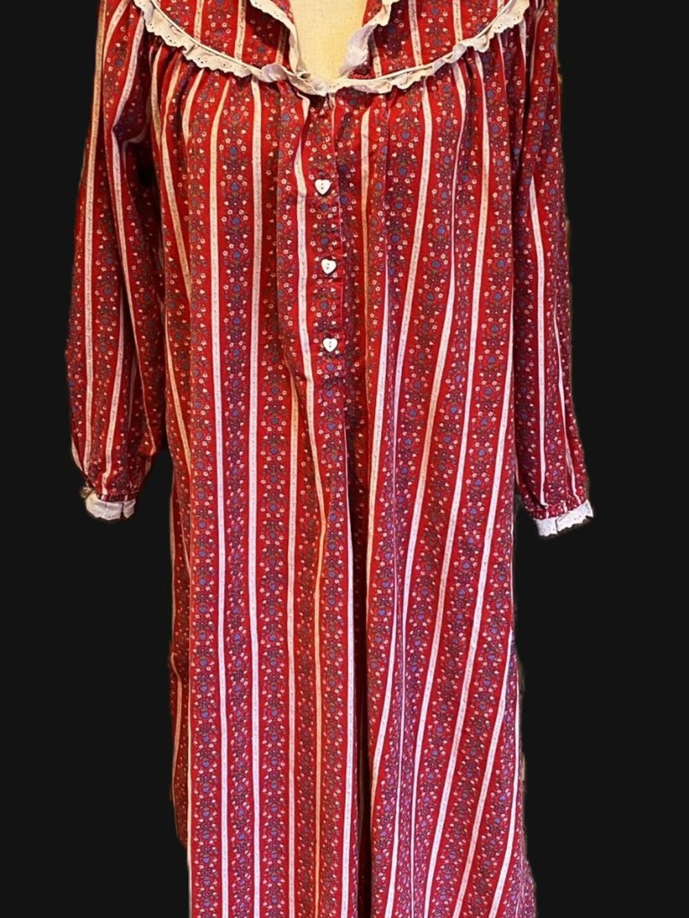 Lanz of Salzburg Red Floral Heart Print Flannel Nightgown Long Large Women